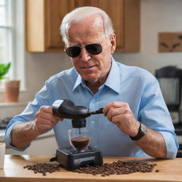 Illustration of Joe Biden, wearing his aviator sunglasses, in a domestic setting, humorously grinding coffee beans using a battery-powered drill fitted with a grinder attachment.