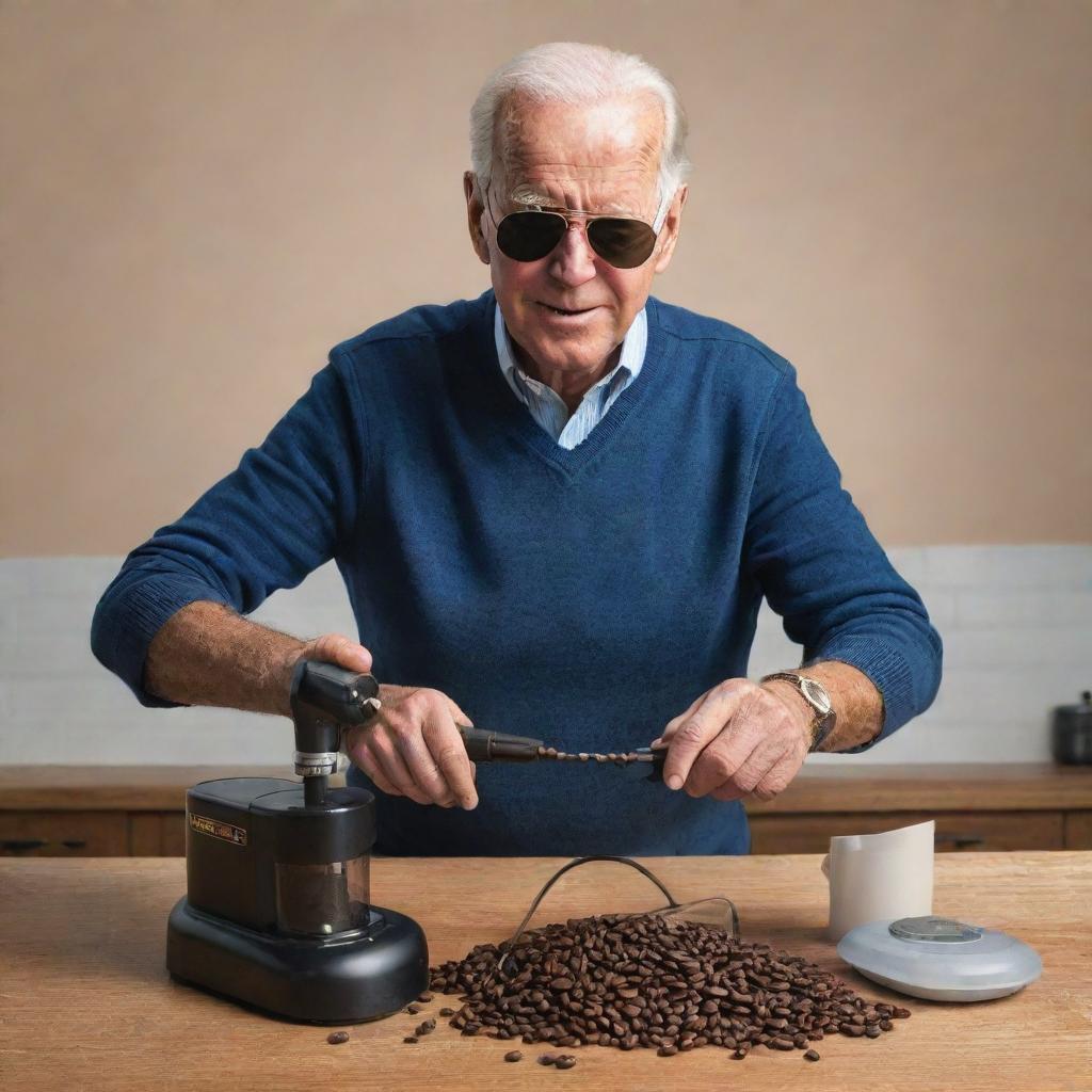 Illustration of Joe Biden, wearing his aviator sunglasses, in a domestic setting, humorously grinding coffee beans using a battery-powered drill fitted with a grinder attachment.