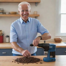 Depict a creative and lighthearted scene showing Joe Biden, donned in casual attire, smiling while using a battery-powered drill as an innovative method to grind coffee beans