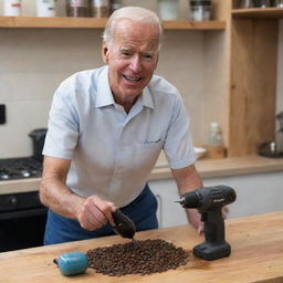 Depict a creative and lighthearted scene showing Joe Biden, donned in casual attire, smiling while using a battery-powered drill as an innovative method to grind coffee beans