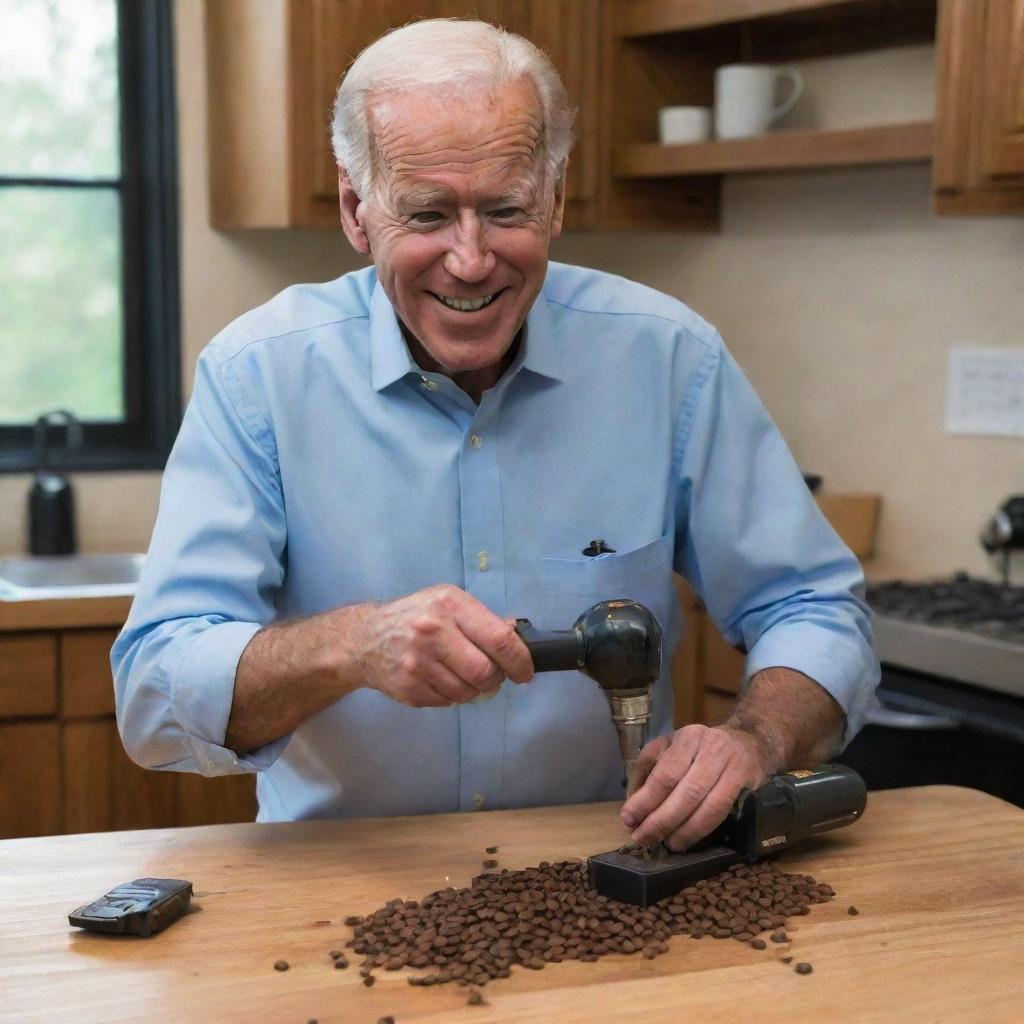 Depict a creative and lighthearted scene showing Joe Biden, donned in casual attire, smiling while using a battery-powered drill as an innovative method to grind coffee beans