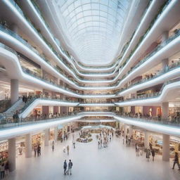 Futuristic shopping mall in the year 2122, displaying a range of advanced technologies and futuristic architecture, filled with a vibrant crowd and surrounded by an advanced, eco-friendly urban cityscape.