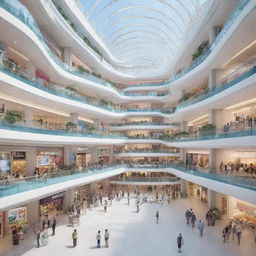 Futuristic shopping mall in the year 2122, displaying a range of advanced technologies and futuristic architecture, filled with a vibrant crowd and surrounded by an advanced, eco-friendly urban cityscape.