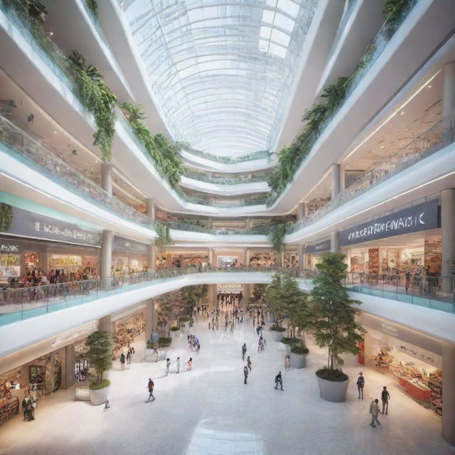 Futuristic shopping mall in the year 2122, displaying a range of advanced technologies and futuristic architecture, filled with a vibrant crowd and surrounded by an advanced, eco-friendly urban cityscape.