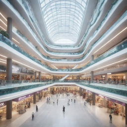 Futuristic shopping mall in the year 2122, displaying a range of advanced technologies and futuristic architecture, filled with a vibrant crowd and surrounded by an advanced, eco-friendly urban cityscape.