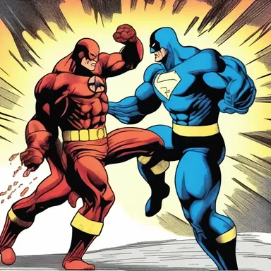The superhero's powerful punch struck down the villain in a single blow.