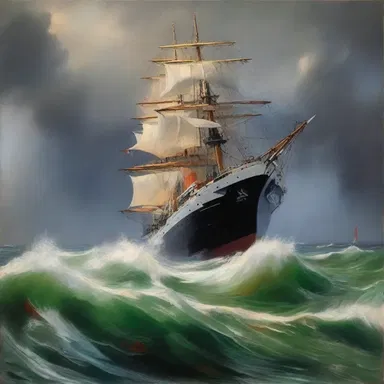 The artist used bold brushstrokes to depict the storm that struck down the ship.