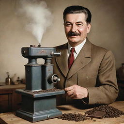 A detailed, realistic illustration of Joseph Stalin in vintage attire, in a utilitarian setting, smiling while he grinds coffee beans utilizing a battery-powered drill attached to a grinder.