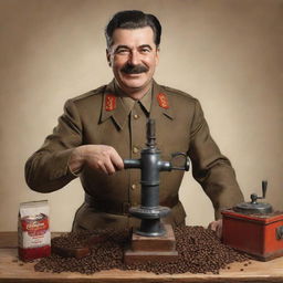 A detailed, realistic illustration of Joseph Stalin in vintage attire, in a utilitarian setting, smiling while he grinds coffee beans utilizing a battery-powered drill attached to a grinder.