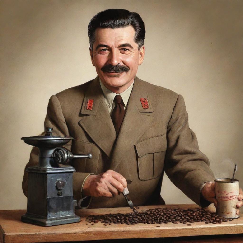 A detailed, realistic illustration of Joseph Stalin in vintage attire, in a utilitarian setting, smiling while he grinds coffee beans utilizing a battery-powered drill attached to a grinder.