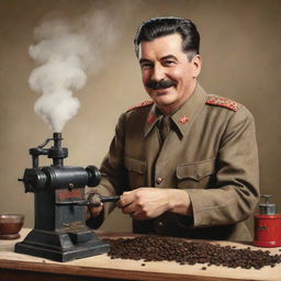 A detailed, realistic illustration of Joseph Stalin in vintage attire, in a utilitarian setting, smiling while he grinds coffee beans utilizing a battery-powered drill attached to a grinder.