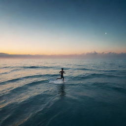 A surreal image of someone running on top of a vast, beautiful ocean under an evening sky.