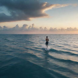 A surreal image of someone running on top of a vast, beautiful ocean under an evening sky.