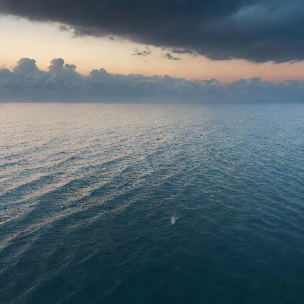 A surreal image of someone running on top of a vast, beautiful ocean under an evening sky.