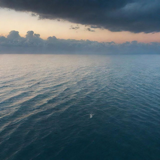 A surreal image of someone running on top of a vast, beautiful ocean under an evening sky.