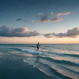 A surreal image of someone running on top of a vast, beautiful ocean under an evening sky.