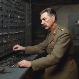 A realist illustration of Joseph Stalin in uniform, intently focused on wiring a complex control panel in a historic, industrial setting.