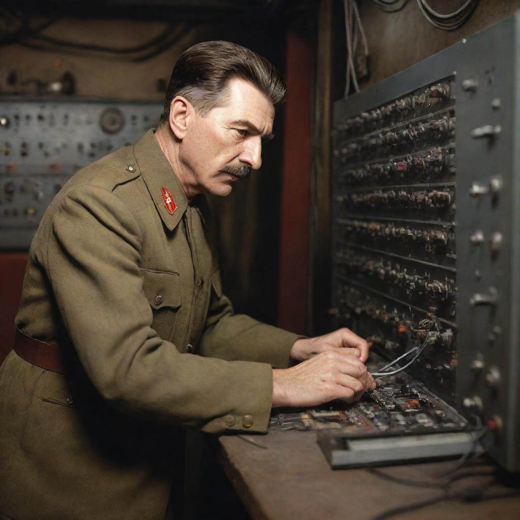 A realist illustration of Joseph Stalin in uniform, intently focused on wiring a complex control panel in a historic, industrial setting.