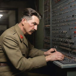 A realist illustration of Joseph Stalin in uniform, intently focused on wiring a complex control panel in a historic, industrial setting.