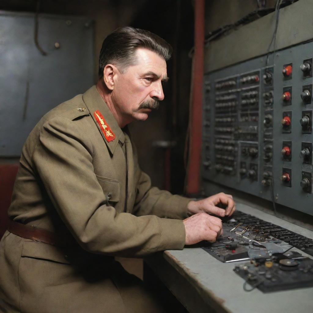 A realist illustration of Joseph Stalin in uniform, intently focused on wiring a complex control panel in a historic, industrial setting.