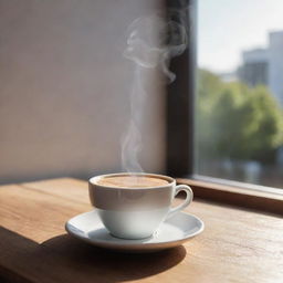 A realistic mockup of a steaming cup of coffee on a wooden table, under a soft morning light