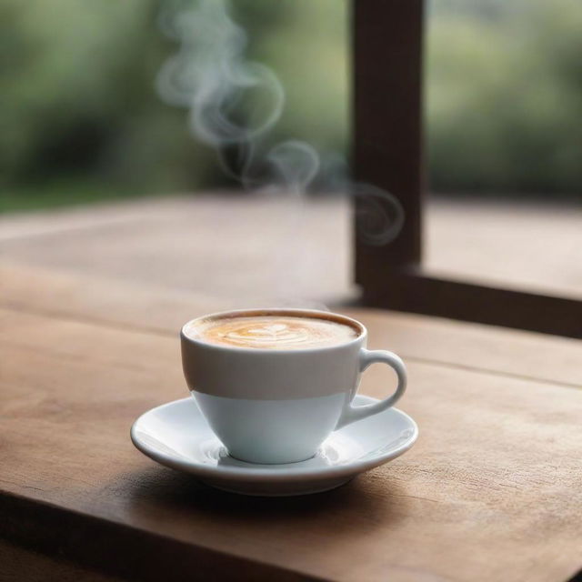 A realistic mockup of a steaming cup of coffee on a wooden table, under a soft morning light