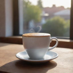 A realistic mockup of a steaming cup of coffee on a wooden table, under a soft morning light