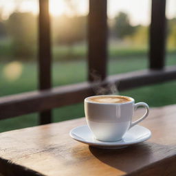 A realistic mockup of a steaming cup of coffee on a wooden table, under a soft morning light