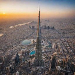 A captivating image of someone soaring over the Burj Khalifa, surrounded by the bustling city below and a spectacular sunset backdrop.