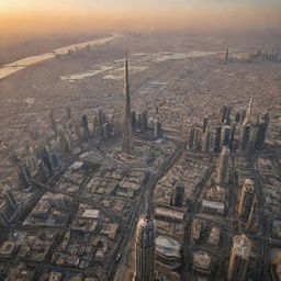 A captivating image of someone soaring over the Burj Khalifa, surrounded by the bustling city below and a spectacular sunset backdrop.