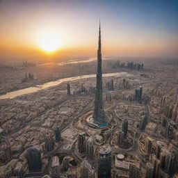 A captivating image of someone soaring over the Burj Khalifa, surrounded by the bustling city below and a spectacular sunset backdrop.