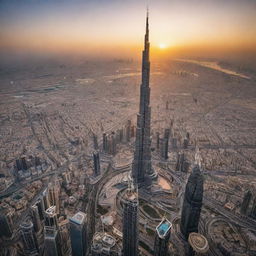 A captivating image of someone soaring over the Burj Khalifa, surrounded by the bustling city below and a spectacular sunset backdrop.