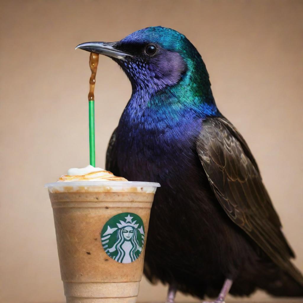 Detailed image of a Starling, humorously personified as 'Joseph Starling', with a small feathered wing holding a miniature Starbucks iced coffee, complete with the logo. The bird itself displays dazzling shades of iridescent black.