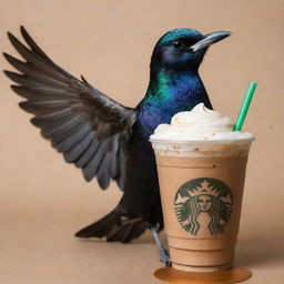 Detailed image of a Starling, humorously personified as 'Joseph Starling', with a small feathered wing holding a miniature Starbucks iced coffee, complete with the logo. The bird itself displays dazzling shades of iridescent black.