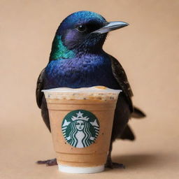 Detailed image of a Starling, humorously personified as 'Joseph Starling', with a small feathered wing holding a miniature Starbucks iced coffee, complete with the logo. The bird itself displays dazzling shades of iridescent black.