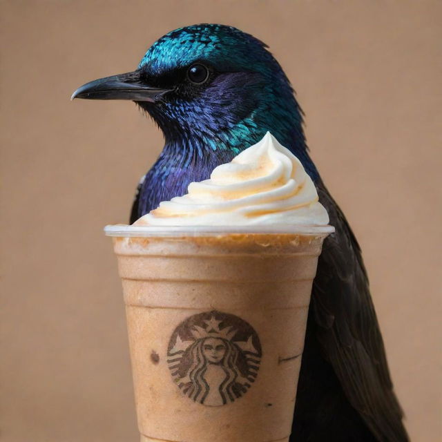 Detailed image of a Starling, humorously personified as 'Joseph Starling', with a small feathered wing holding a miniature Starbucks iced coffee, complete with the logo. The bird itself displays dazzling shades of iridescent black.