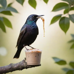 Whimsical image of a starling bird christened as 'Joseph Starlin', perched on a tree branch, sipping a miniature Starbucks iced coffee through a tiny straw, with a bright, sunlit backdrop.