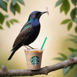 Whimsical image of a starling bird christened as 'Joseph Starlin', perched on a tree branch, sipping a miniature Starbucks iced coffee through a tiny straw, with a bright, sunlit backdrop.