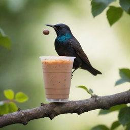 Whimsical image of a starling bird christened as 'Joseph Starlin', perched on a tree branch, sipping a miniature Starbucks iced coffee through a tiny straw, with a bright, sunlit backdrop.