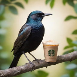 Whimsical image of a starling bird christened as 'Joseph Starlin', perched on a tree branch, sipping a miniature Starbucks iced coffee through a tiny straw, with a bright, sunlit backdrop.