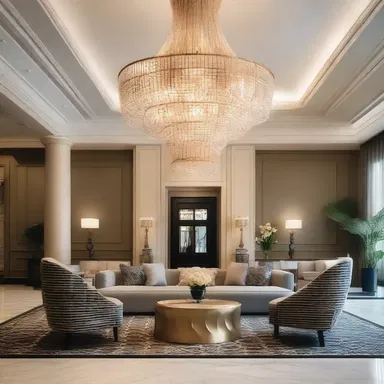 The luxurious hotel lobby featured a stunning chandelier and a seating area adorned with beautiful dolman patterned cushions.
