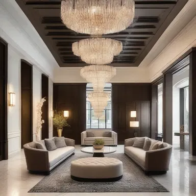 The luxurious hotel lobby featured a stunning chandelier and a seating area adorned with beautiful dolman patterned cushions.