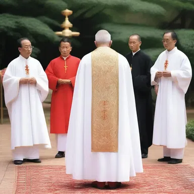 During the religious ceremony, the priest wore a white dolman cloak, symbolizing purity and divinity.
