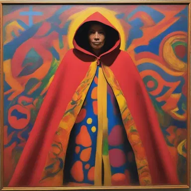 The museum displayed a unique painting showcasing a woman donning a vibrant dolman cloak, capturing the artist's imagination and creativity.