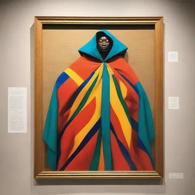 The museum displayed a unique painting showcasing a woman donning a vibrant dolman cloak, capturing the artist's imagination and creativity.