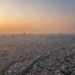 An aerial view of someone flying over the Shangshod Bhabon in Dhaka, Bangladesh, with the bustling cityscape below and a beautiful gradient sunset sky.