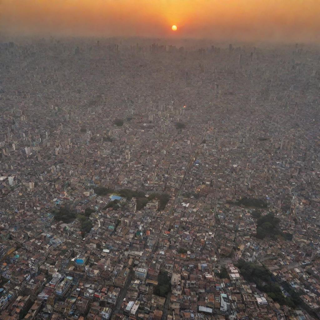 An aerial view of someone flying over the Shangshod Bhabon in Dhaka, Bangladesh, with the bustling cityscape below and a beautiful gradient sunset sky.