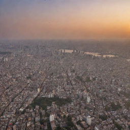 An aerial view of someone flying over the Shangshod Bhabon in Dhaka, Bangladesh, with the bustling cityscape below and a beautiful gradient sunset sky.