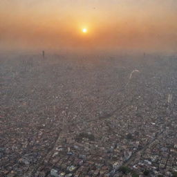 An aerial view of someone flying over the Shangshod Bhabon in Dhaka, Bangladesh, with the bustling cityscape below and a beautiful gradient sunset sky.