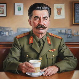 A caricature interpretation of Joseph Stalin, donning his military uniform, comfortably seated in a cafe setting, amusingly sipping a Starbucks iced coffee.